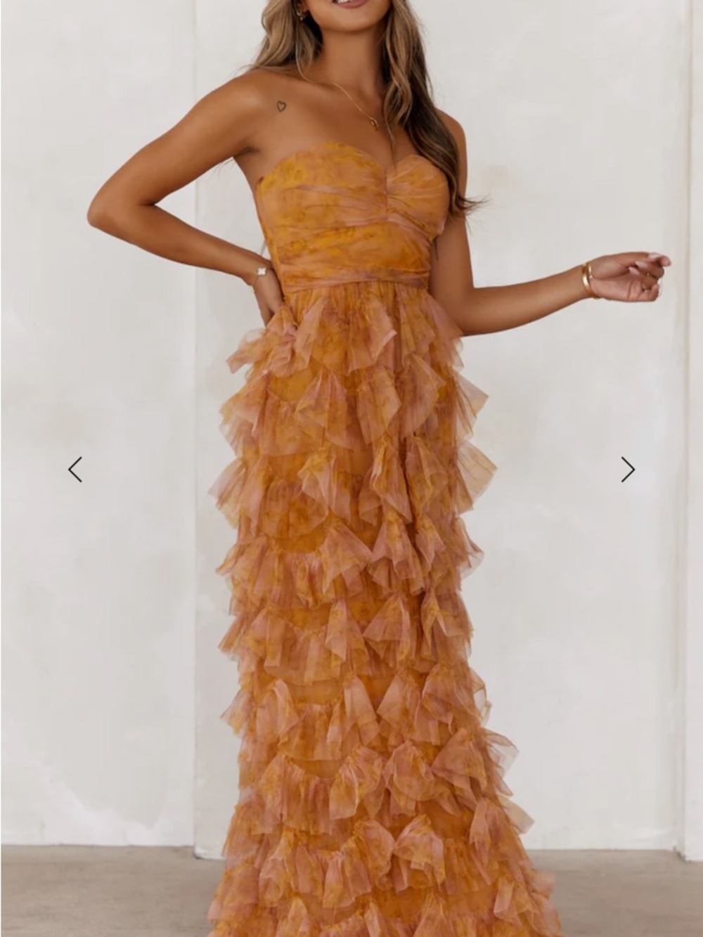 Hello Molly Strapless Ruffle Gown in Mustard Orange - Picture 4 of 6